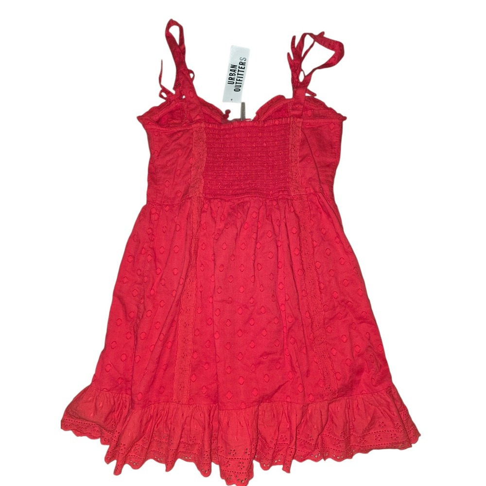 Urban Outfitters Red Eyelet Mini Dress Swiss Dot Smocked Ruffle Hem Medium NWT